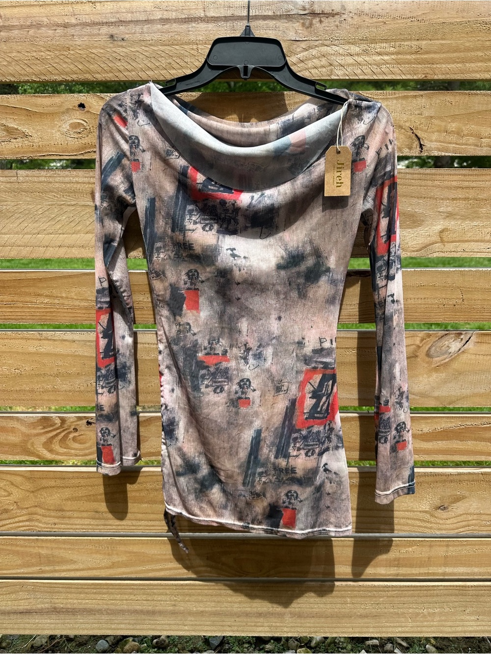 Women's Long Sleeve Printed Scoop Neck Dress - Red & Gray